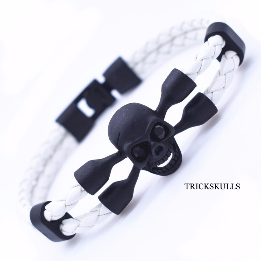 Mens Steel & Leather WHITE Braided Skull & Crossbones Cuff Bracelet 8 1/4” New!